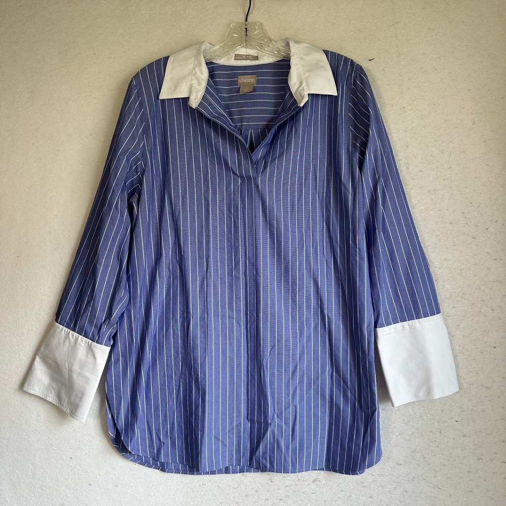 Chicos No Iron Coolmax Striped Tunic Shirt Blue White Size 2 Large 12/14 Cuff